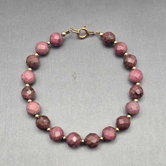 VTG Faceted 8mm Rhodonite Beaded Bracelet 7.25" 14k GF Spacers & Spring Ring - Picture 2 of 7